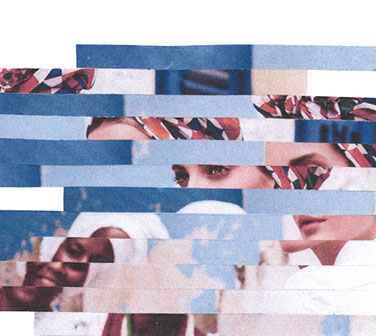 Detail from an artwork collage; image is sliced and sliding out of place. Details of faces of a Anglo Woman and an African woman are present. 