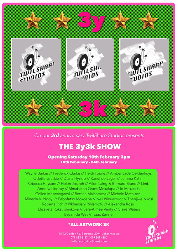 Exhibition flyer in Fluro Pink, Green with gold stars and stratchy card references details names of artists in exhibition at TwilSharp Studios.