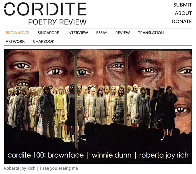 Screenshot of Cordite Website with image of artist's work. Digital collage with African faces looking from behind a group of fashion models.