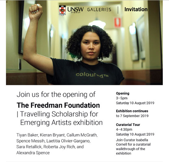 Freedman Foundation Invitation Woman with curly hair with arm raised showing a fist, wearing a black tshirt reading ColouredTM image sits about text detailing the exhibition.
