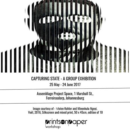 Exhibition Flyer with show details and image of two faces seperated by lines, in black and white ink, an artwork by V. Kohler and M. Ngoyi. 