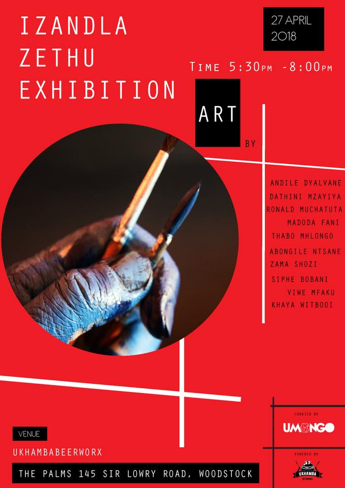 Red exhibition flyer with text detailing show and circular image of a brown skinned hand with paint splashes, holding two paintbrushes.