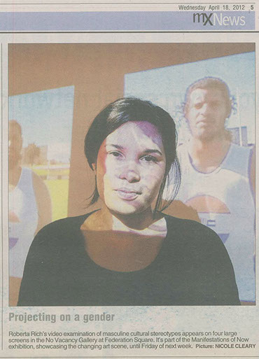 Newspaper clip of a woman wearing black has projections on her face. Projections are of African men wearing old South African flag sports attire