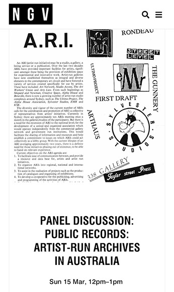 NGV Panel Discussion text details, with a text article next to newsprint logos of Artist Run Initiatives.