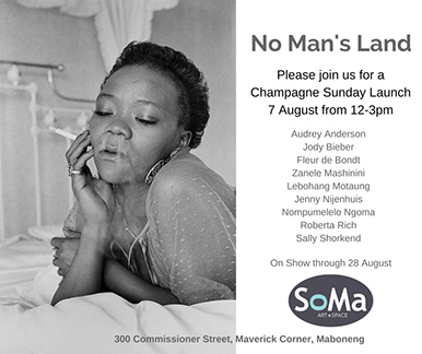 Exhibition flyer with text of artists and show details. On left is a black and white image of Brenda Fassie smoking while lying on a bed.