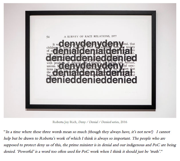 Framed screenprint of layers of text and the words 'A survey of race relations' and 'deny, denial, denied' repeated above a quote by Talia Smith