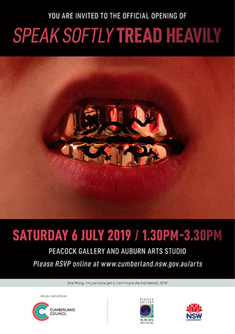 Exhibition Flyer with Text details of the show and image of a mouth with a gold grill on teeth with a black dragon.
